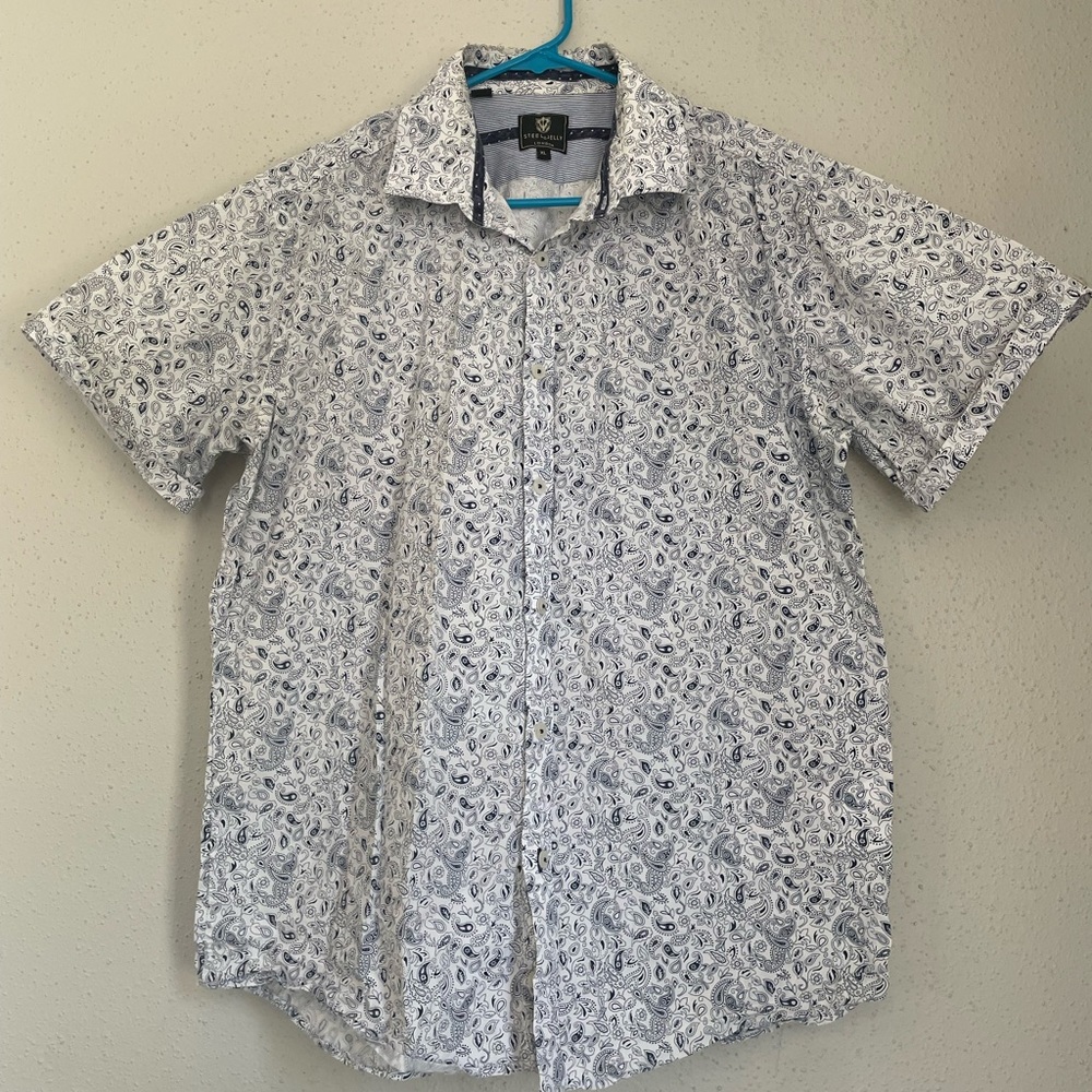 STEEL and JELLY Elegant shirt White with blue designs, Casual Button Down